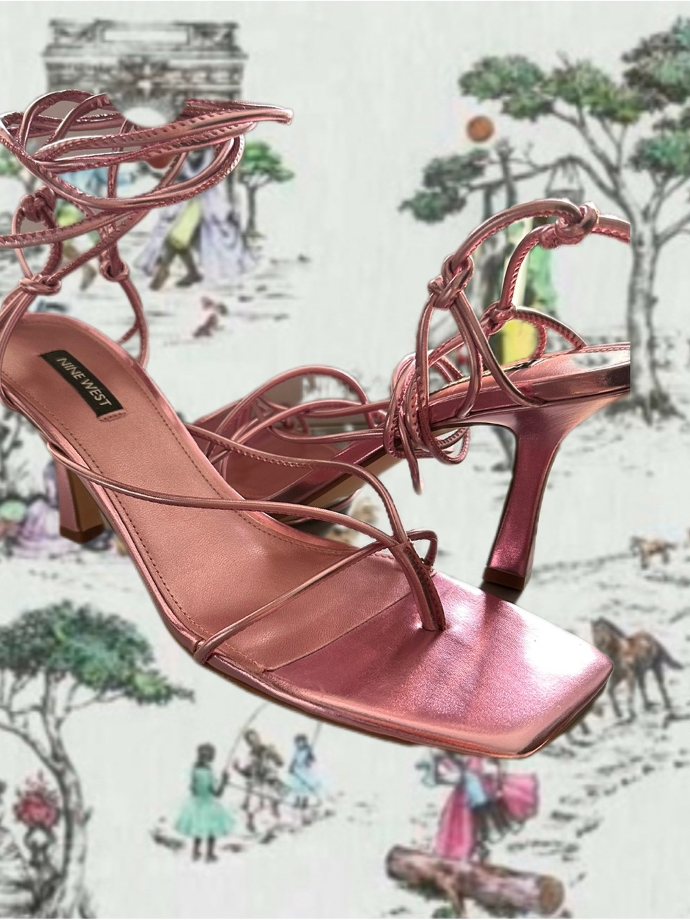 Nine West Yarin; medium pink.Metallic Rose Pink Lace-Up Sandals (Metallic Pink) - Picture 6 of 6